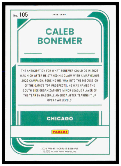 2026 Donruss Caleb Bonemer Card Optic Orange Velocity Chicago White Sox