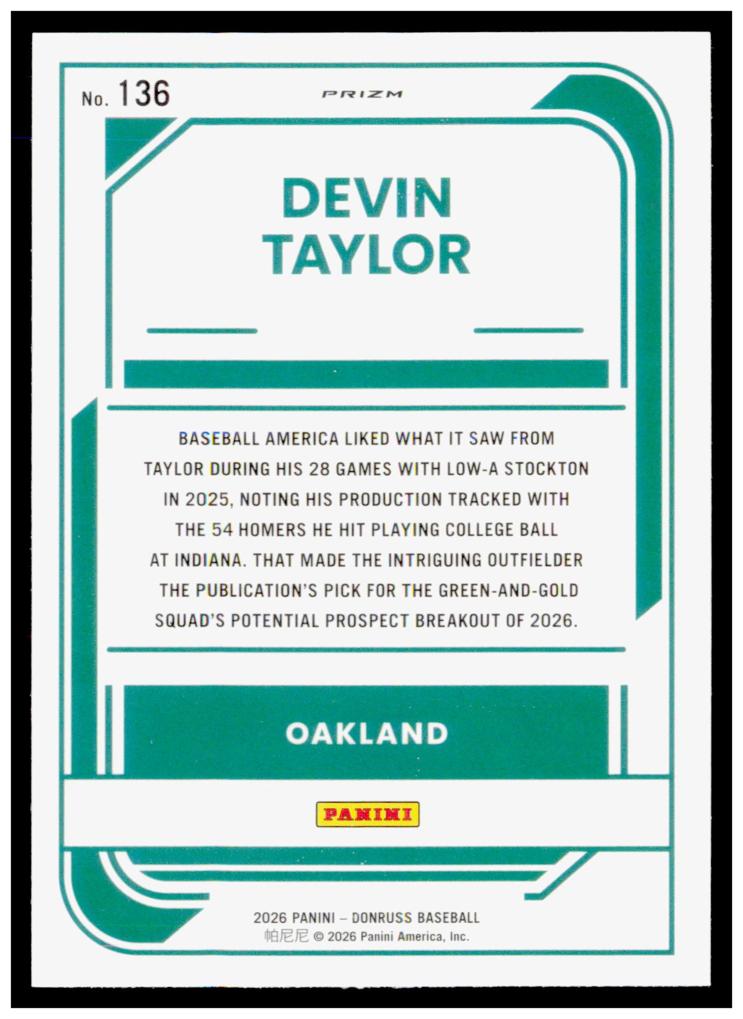2026 Donruss Devin Taylor Card Optic Circles Athletics
