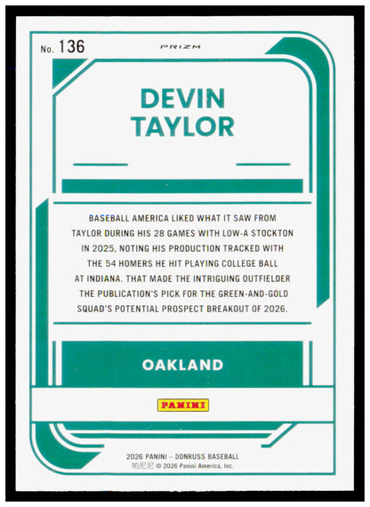 2026 Donruss Devin Taylor Card Optic Circles Athletics