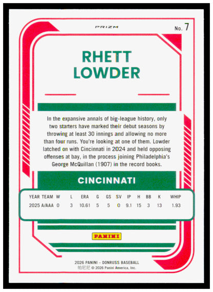2026 Donruss Rhett Lowder Card Optic Orange Velocity Cincinnati Reds