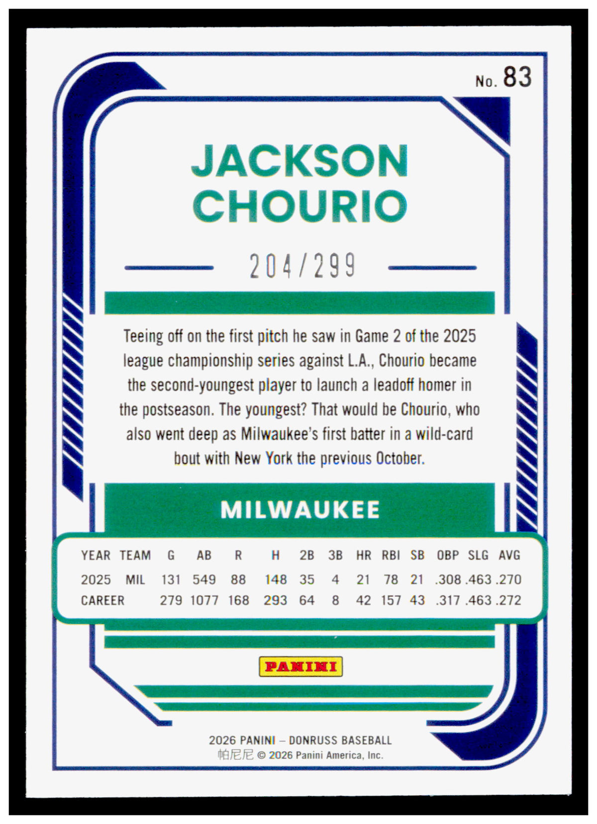 2026 Donruss Jackson Chourio Card Orange Laser SN Milwaukee Brewers