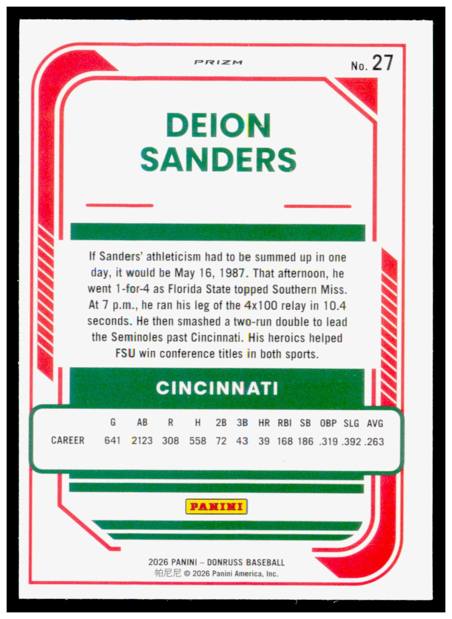 2026 Donruss Deion Sanders Card Optic Orange Velocity Cincinnati Reds