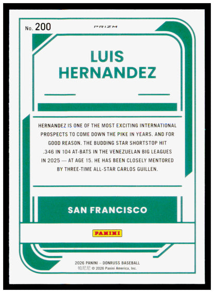 2026 Donruss Luis Hernandez Card Optic Orange Velocity San Francisco Giants