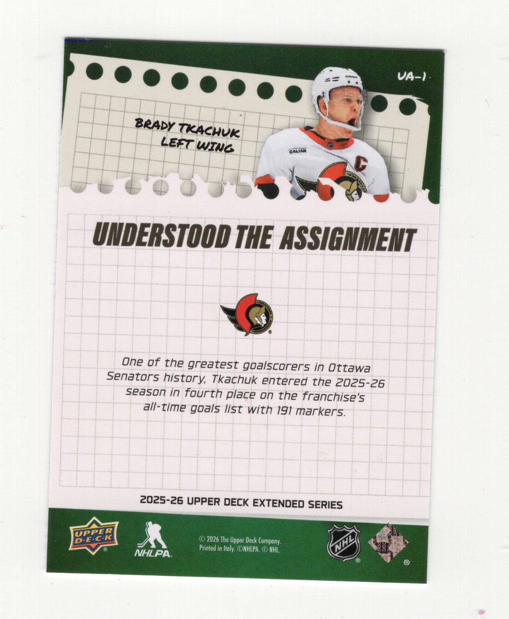 2025-26 Upper Deck Brady Tkachuk Card Understood the Assignment Ottawa Senators