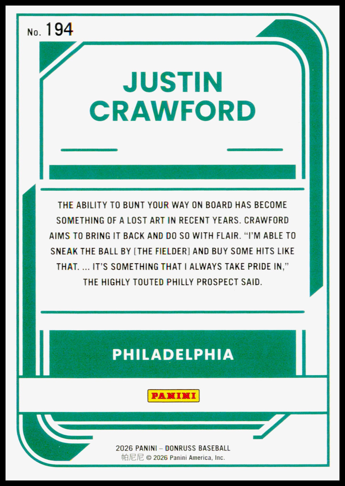 2026 Donruss Justin Crawford Card Liberty Philadelphia Phillies
