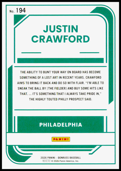 2026 Donruss Justin Crawford Card Liberty Philadelphia Phillies