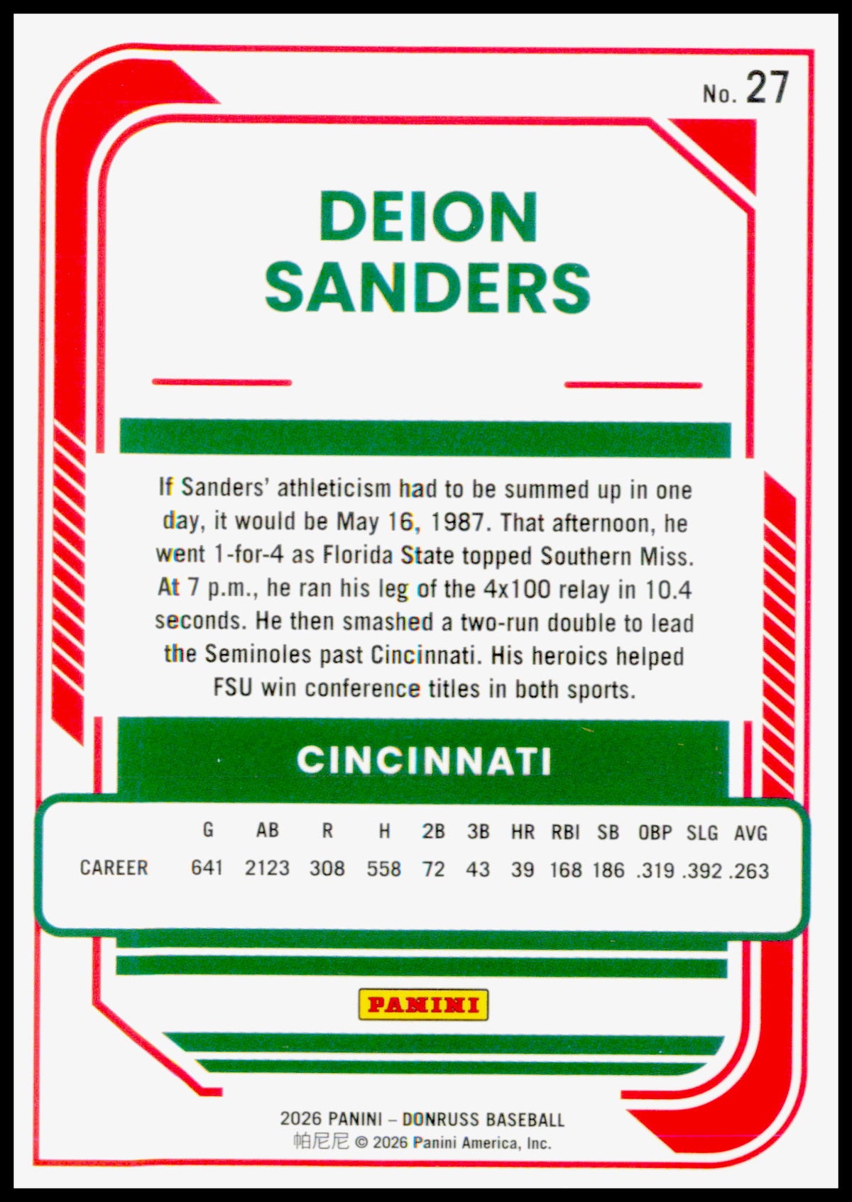 2026 Donruss Deion Sanders Card Optic Cincinnati Reds