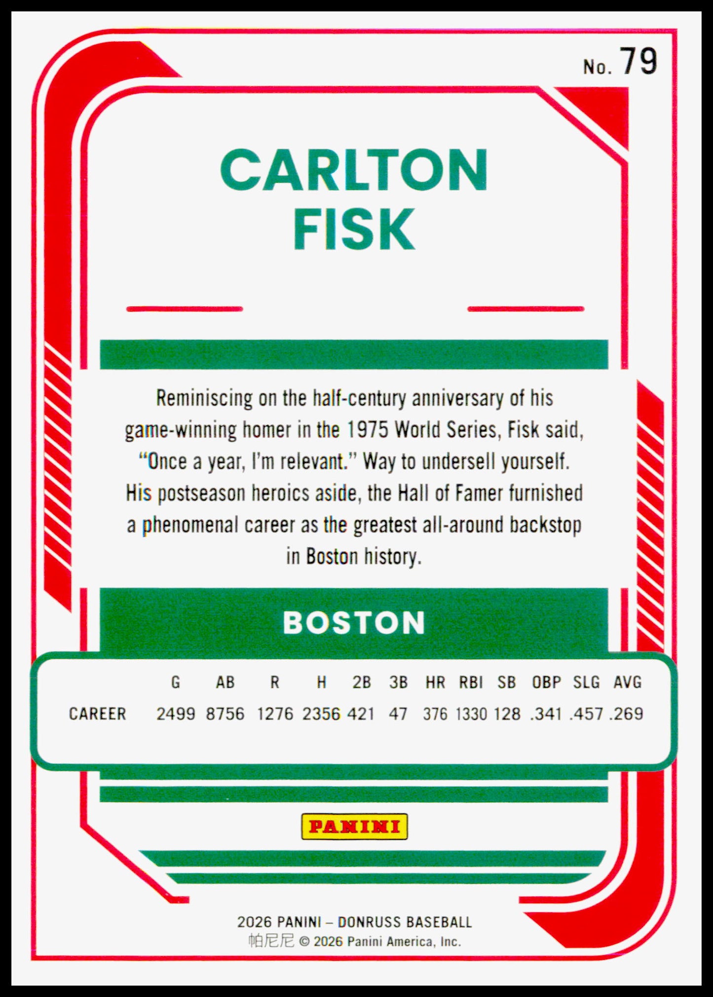 2026 Donruss Carlton Fisk Card Red and Blue Boston Red Sox