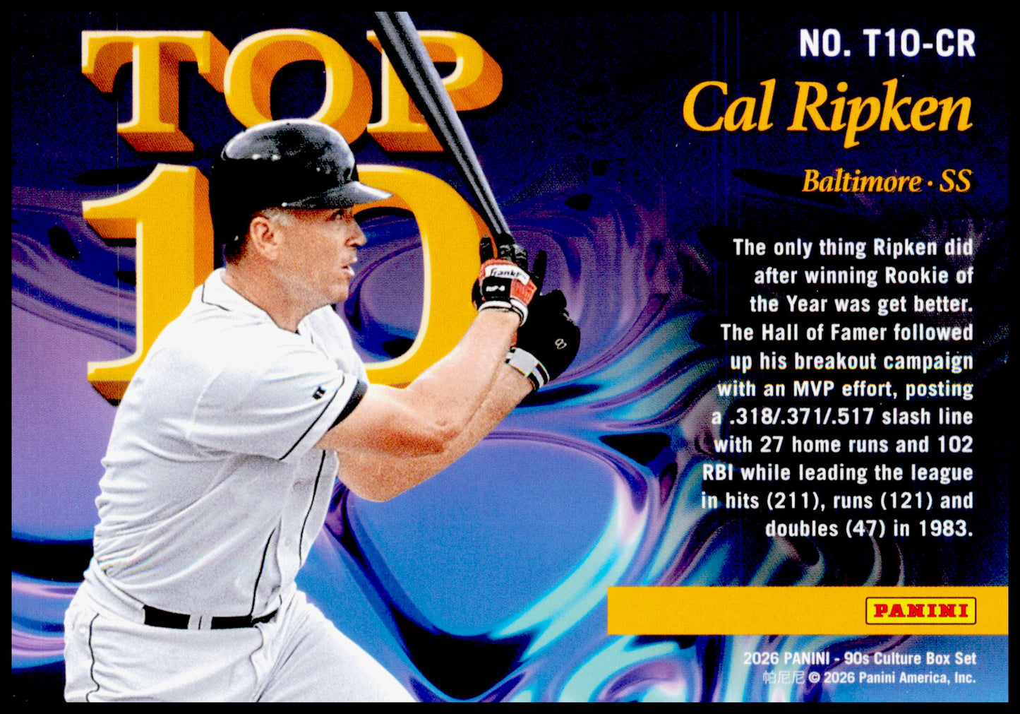 2026 Panini Decades 90s Pop Culture Cal Ripken Card Top 10 Baltimore Orioles