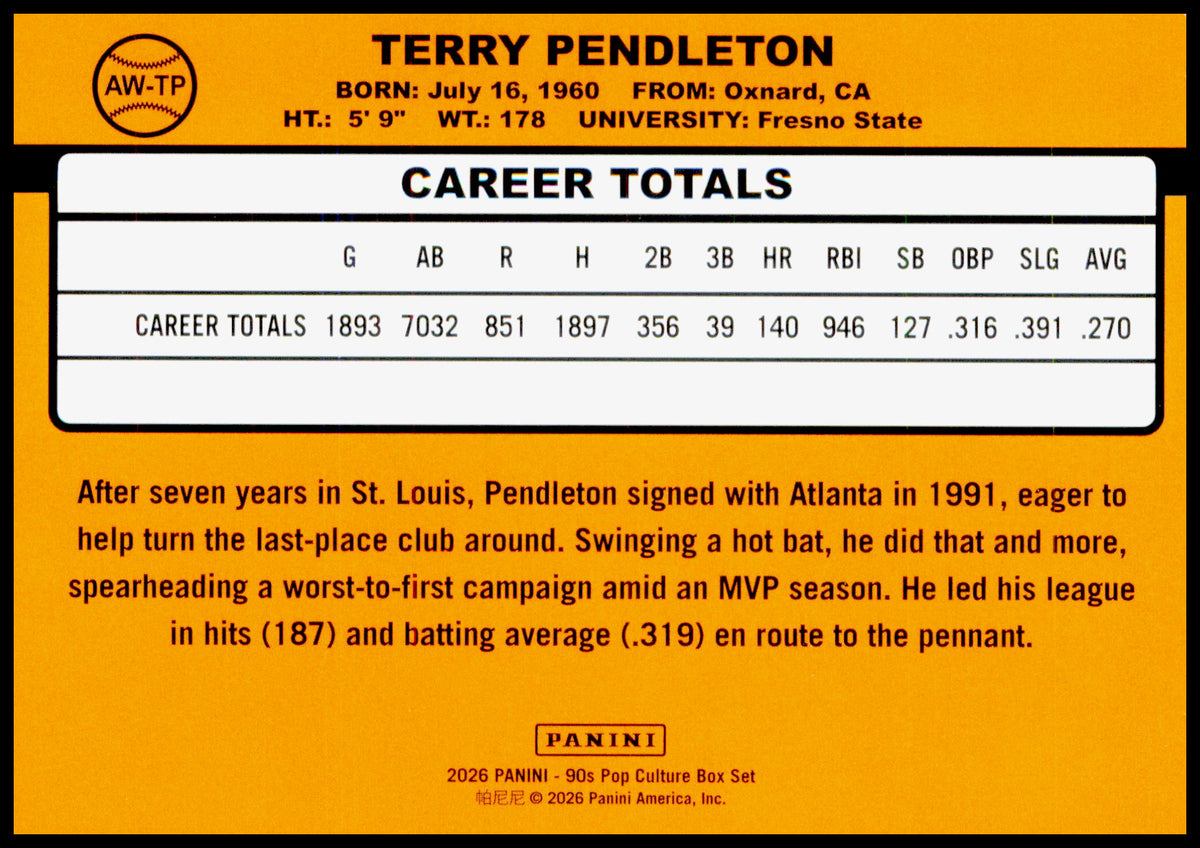 2026 Panini Decades 90s Pop Culture Terry Pendleton Award Winners Atlanta Braves