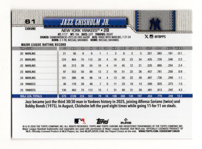 2026 Topps Chrome Jazz Chisholm Jr. Baseball Seams Refractors New York Yankees