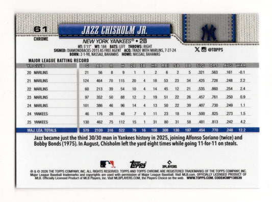 2026 Topps Chrome Jazz Chisholm Jr. Baseball Seams Refractors New York Yankees