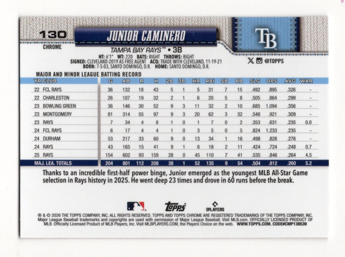 2026 Topps Chrome Junior Caminero Card Baseball Seams Refractors Tampa Bay Rays