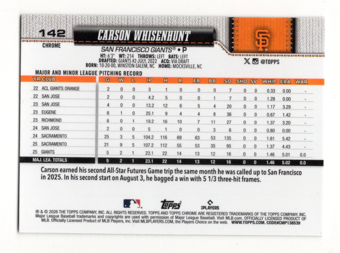 2026 Topps Chrome Carson Whisenhunt Raywave Refractors RC San Francisco Giants
