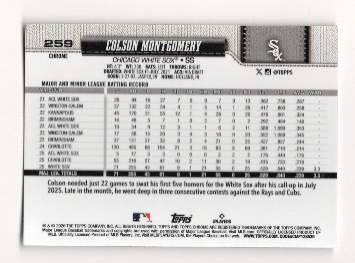 2026 Topps Chrome Colson Montgomery Card RC Chicago White Sox