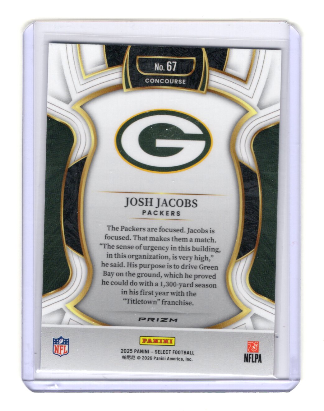 2025 Panini Select Josh Jacobs Card Red and Blue Prizm Shock Green Bay Packers