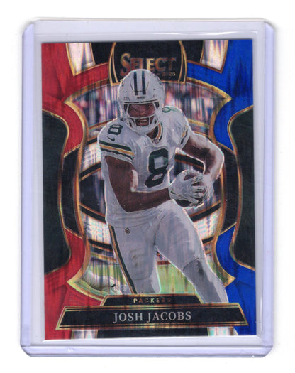 2025 Panini Select Josh Jacobs Card Red and Blue Prizm Shock Green Bay Packers