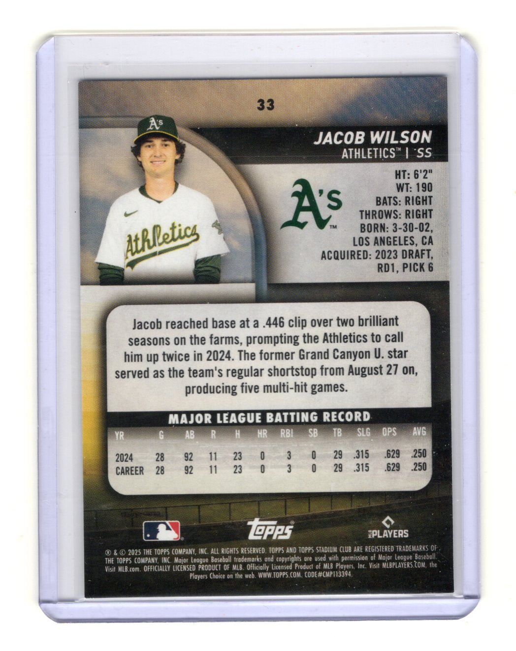 2025 Topps Stadium Club Jacob Wilson RC Rookie #33 Oakland Athletics Baseball