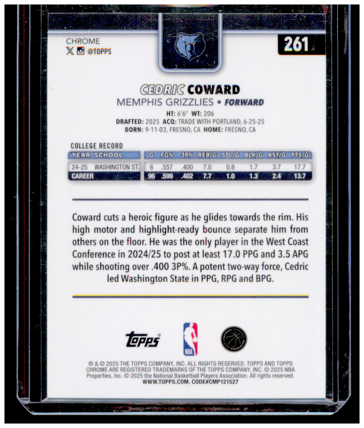 2025-26 Topps Chrome Cedric Coward Card RC Memphis Grizzlies