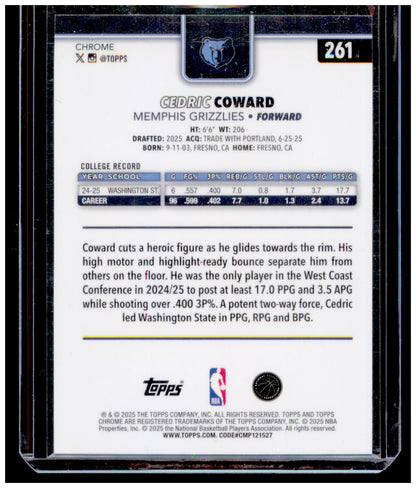 2025-26 Topps Chrome Cedric Coward Card RC Memphis Grizzlies