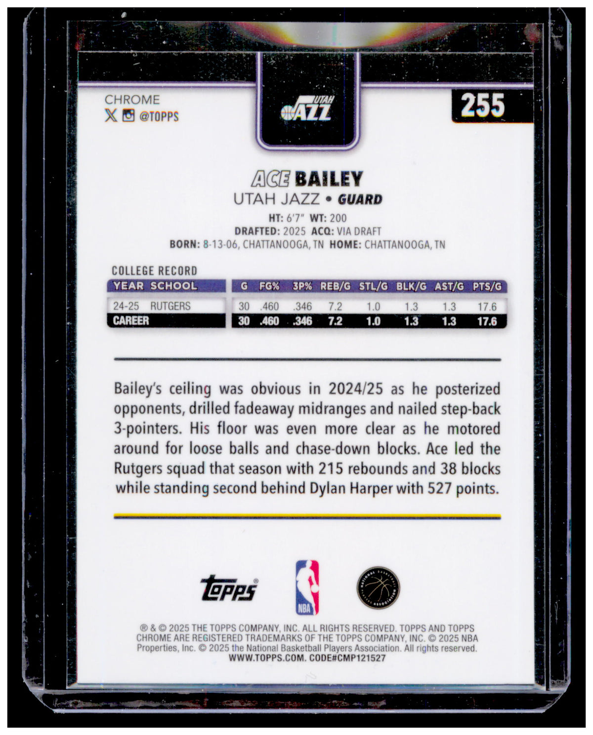 2025 Topps Chrome Ace Bailey RC #255 Skylight Refractor Utah Jazz Rookie SP