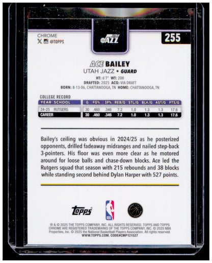 2025 Topps Chrome Ace Bailey RC #255 Skylight Refractor Utah Jazz Rookie SP