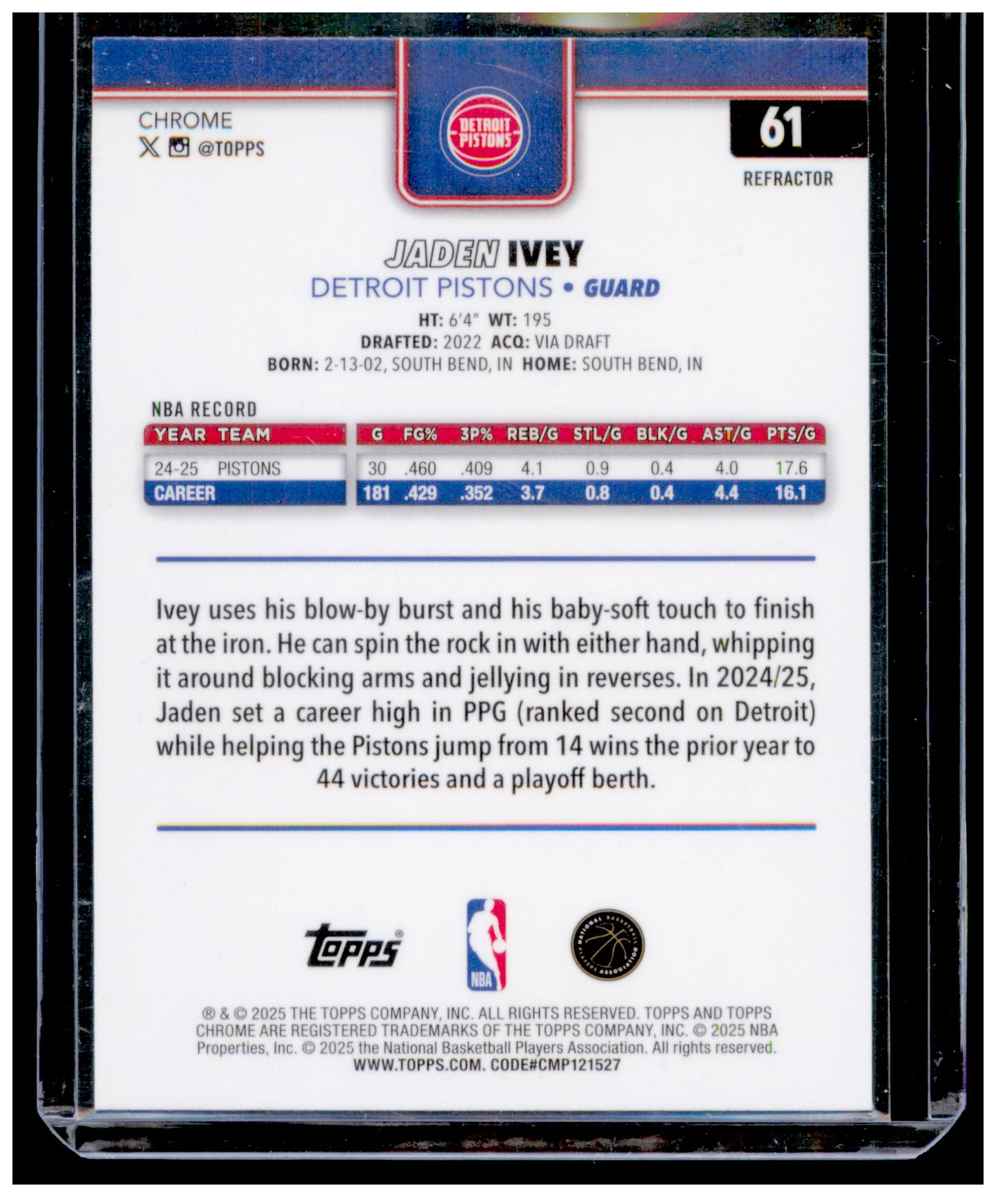 2025-26 Topps Chrome Jaden Ivey Card Refractor Detroit Pistons