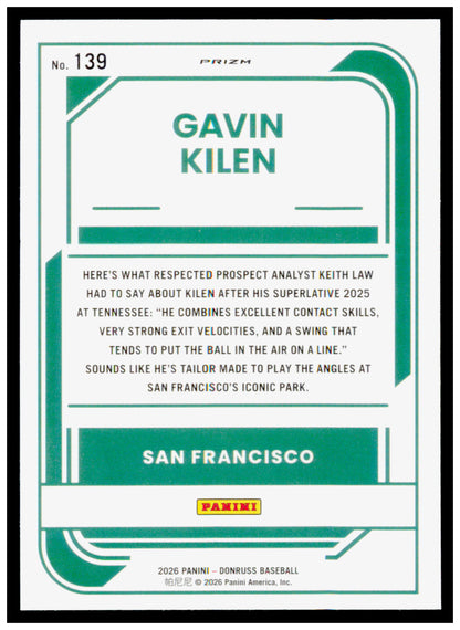 2026 Donruss Gavin Kilen Card Optic Blue Velocity San Francisco Giants