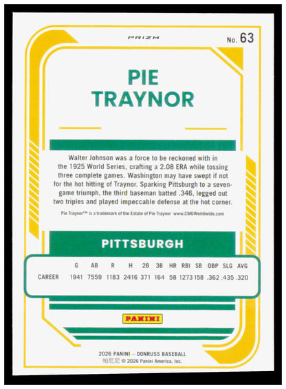 2026 Donruss Pie Traynor Card Optic Blue Velocity Pittsburgh Pirates