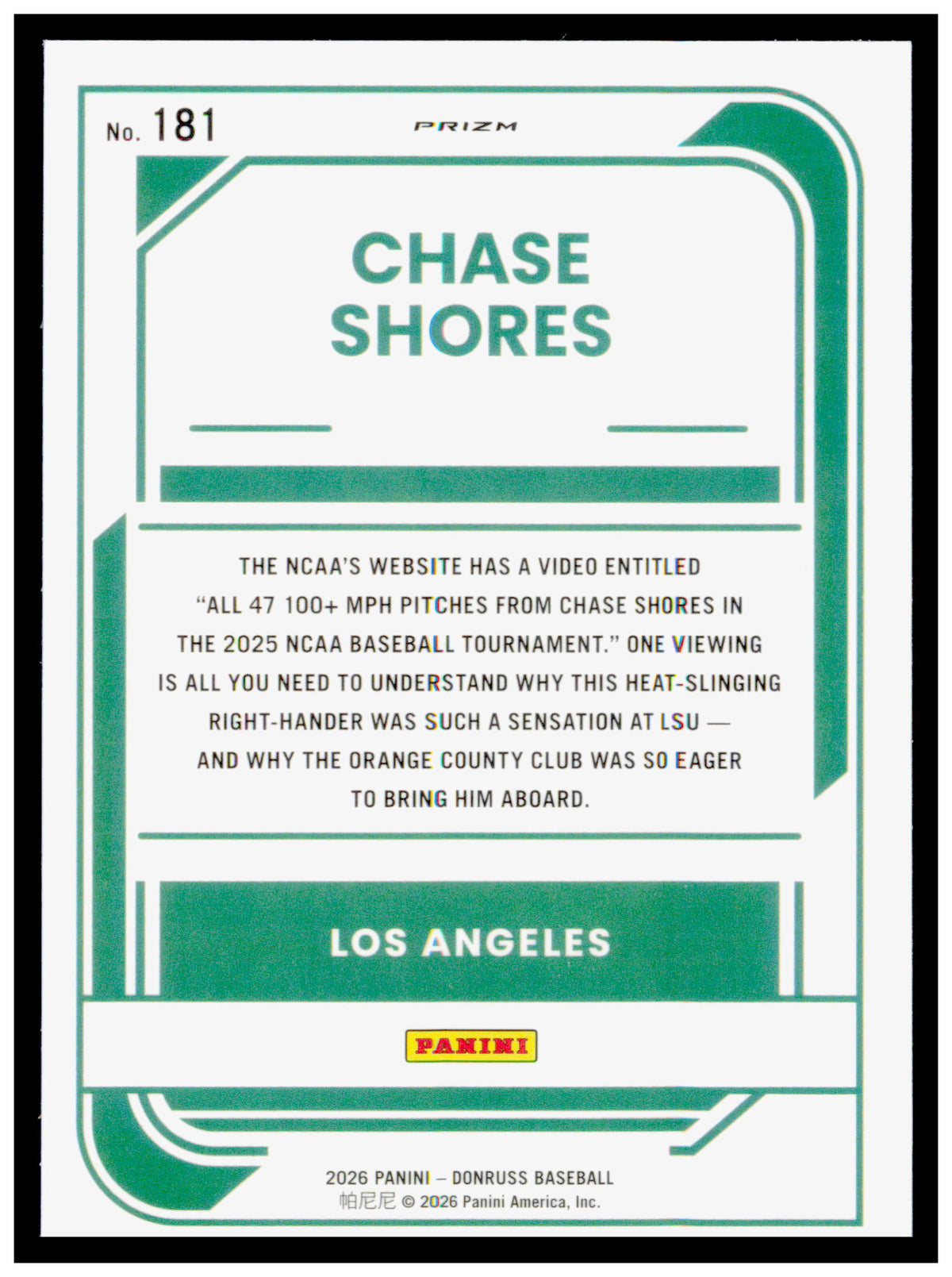 2026 Donruss Chase Shores Card Optic Blue Velocity Los Angeles Angels