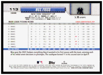 2026 Topps Chrome Max Fried Card New York Yankees