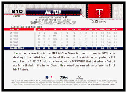 2026 Topps Chrome Joe Ryan Card Minnesota Twins
