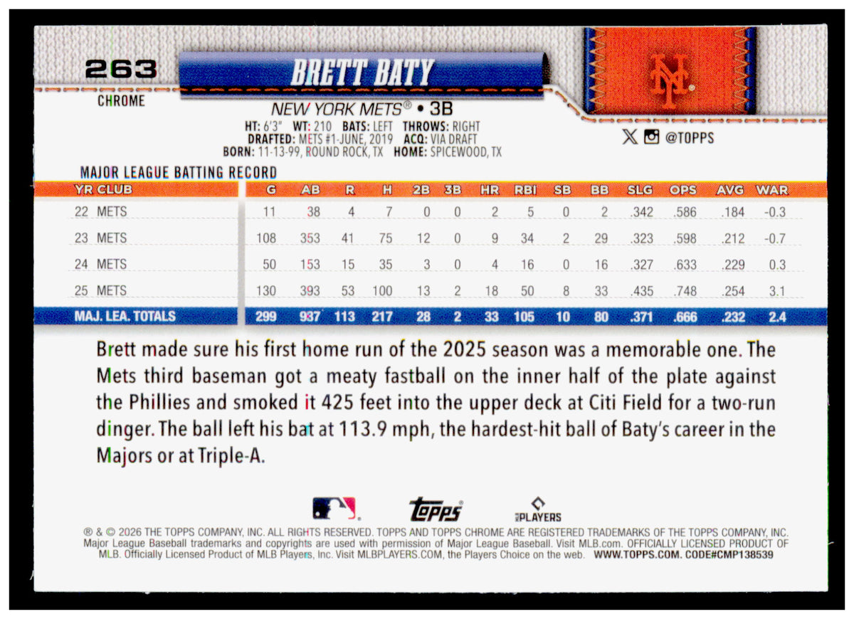 2026 Topps Chrome Brett Baty Card New York Mets