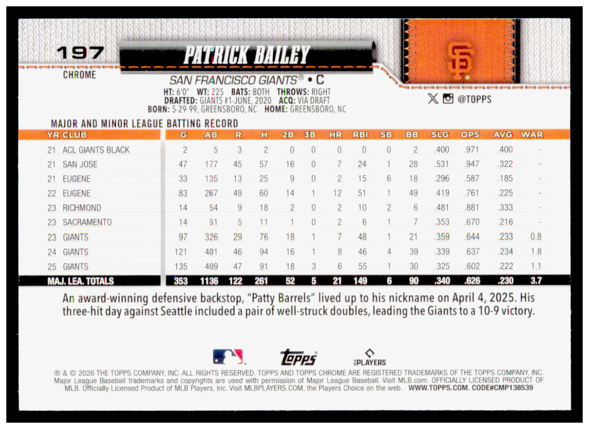 2026 Topps Chrome Patrick Bailey Card San Francisco Giants
