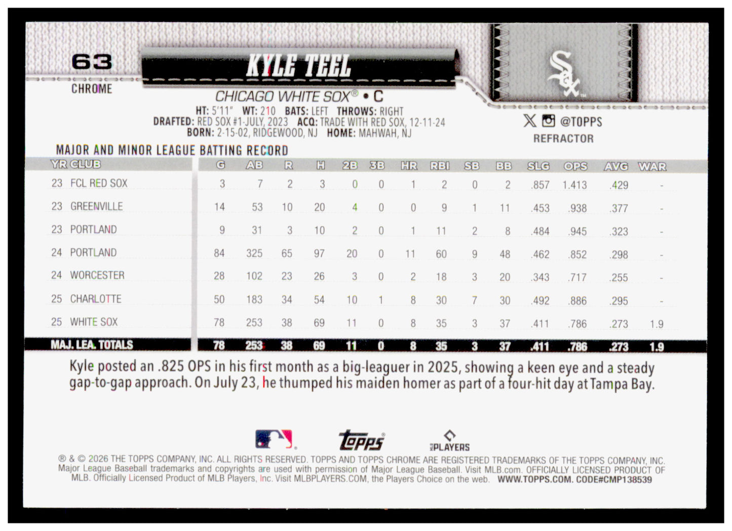 2026 Topps Chrome Kyle Teel Card Topps Refractor RC Chicago White Sox