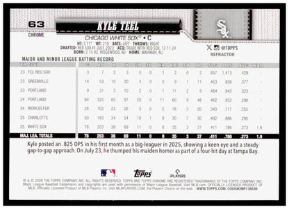 2026 Topps Chrome Kyle Teel Card Topps Refractor RC Chicago White Sox
