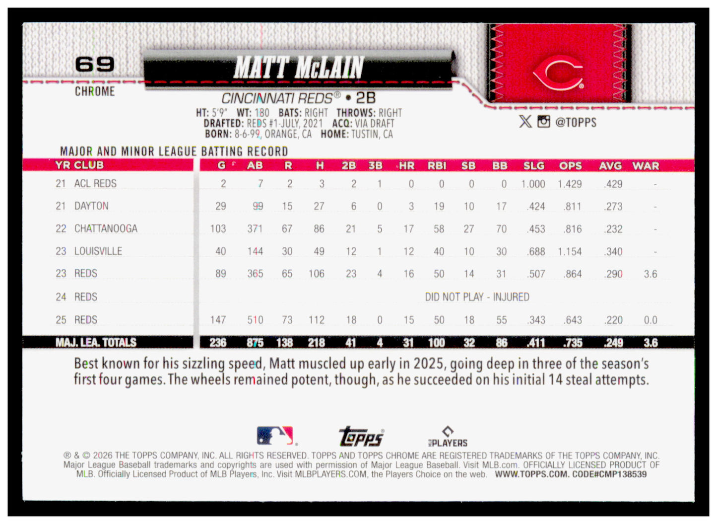 2026 Topps Chrome Matt McLain Card Cincinnati Reds
