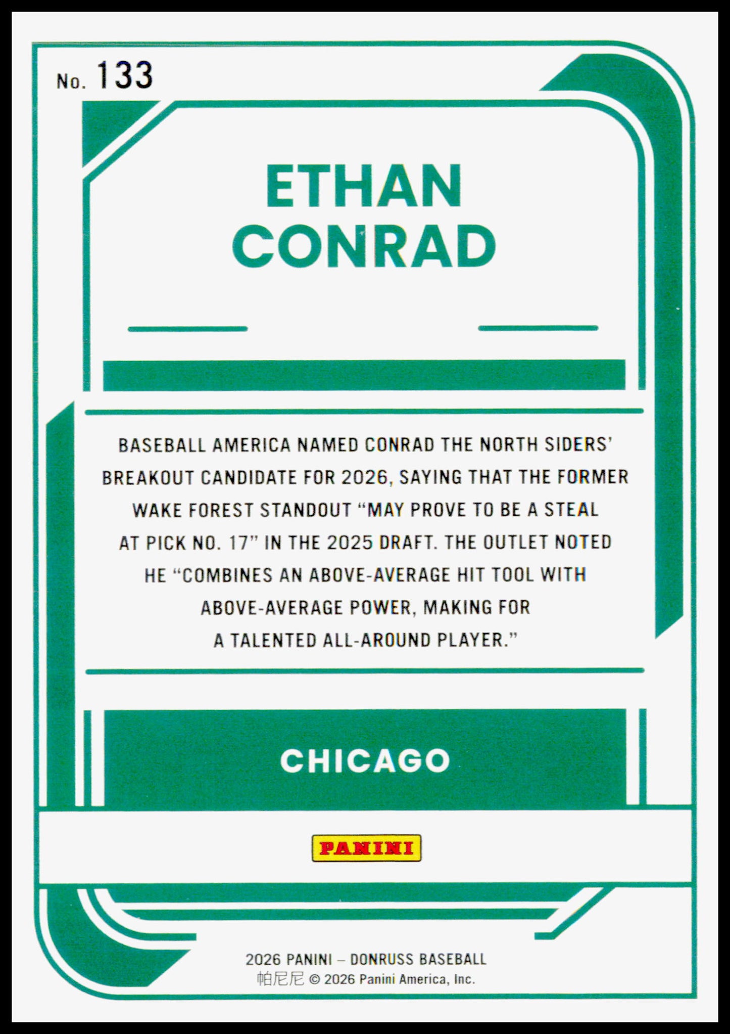 2026 Donruss Ethan Conrad Card Rockets Chicago Cubs
