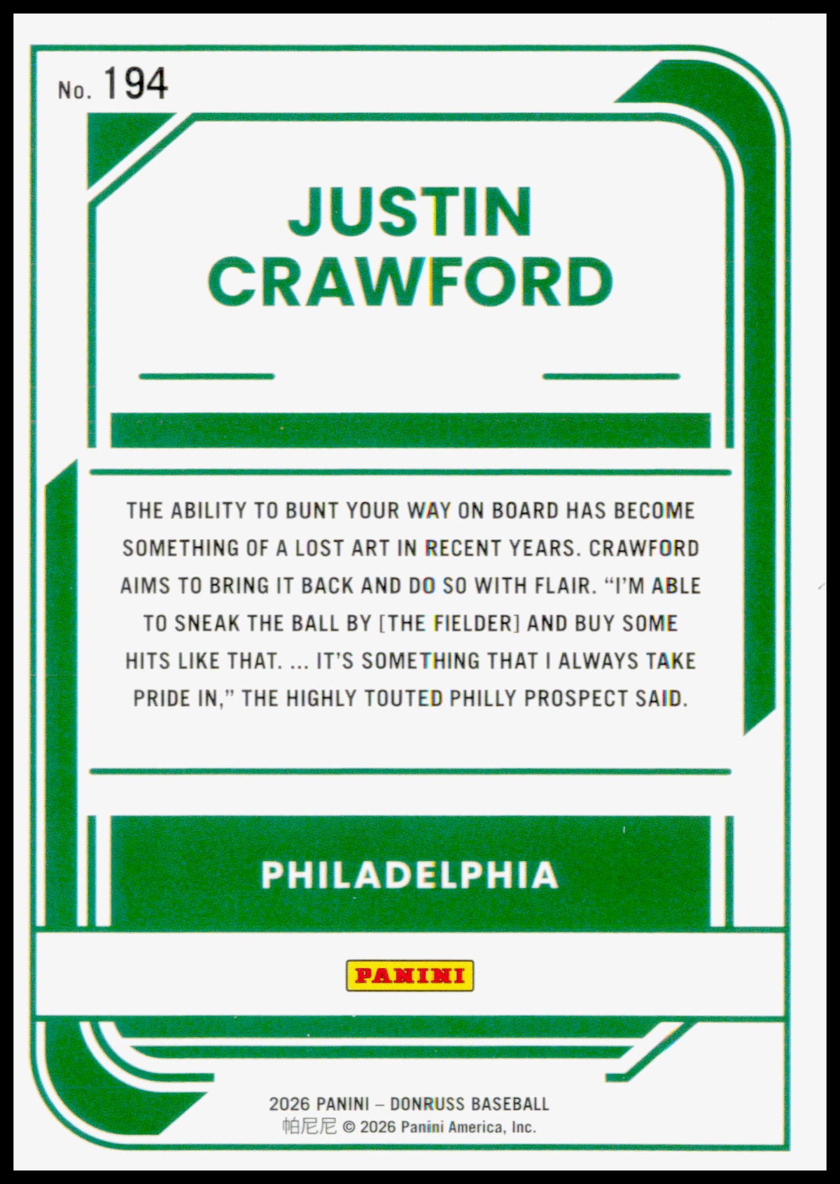 2026 Donruss Justin Crawford Card Optic Philadelphia Phillies