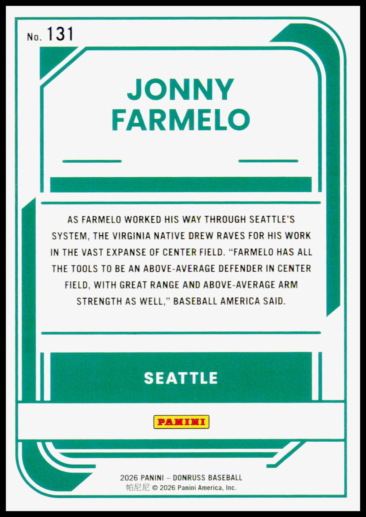 2026 Donruss Jonny Farmelo Card Red and Blue Seattle Mariners