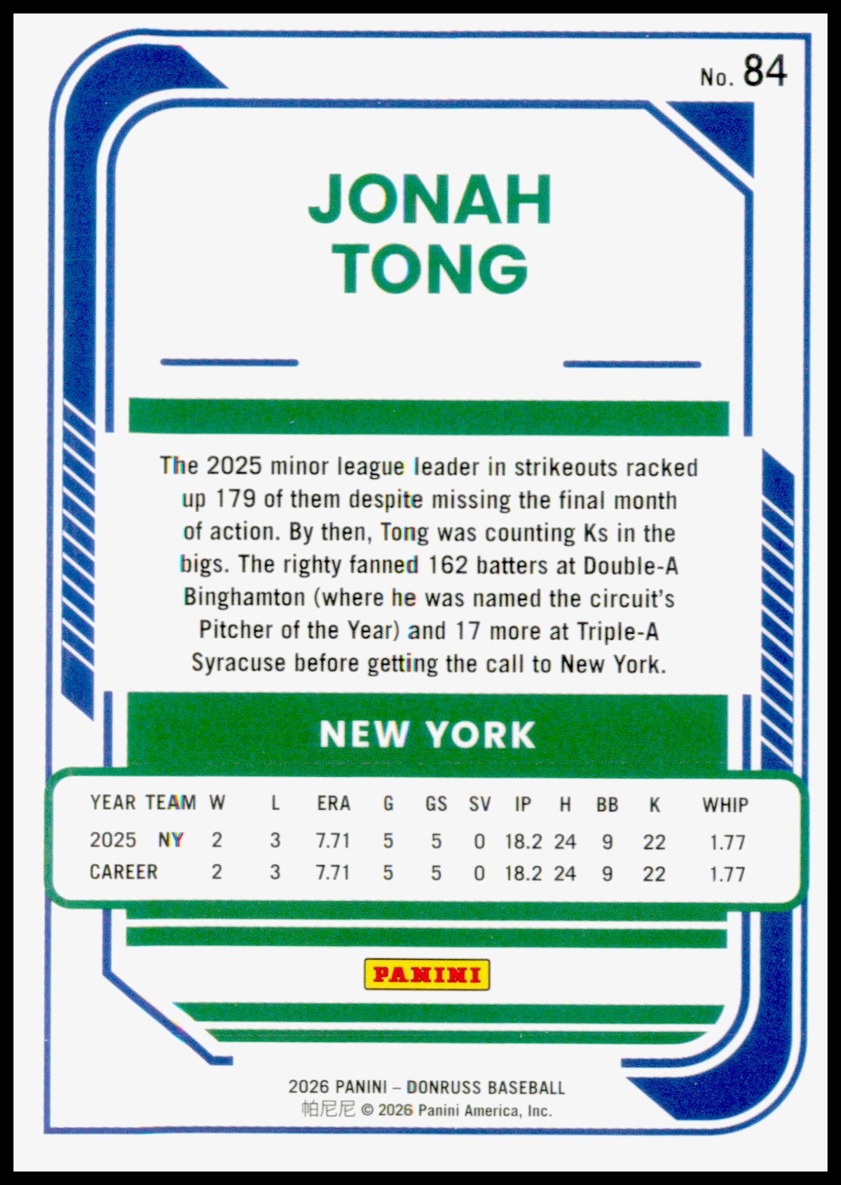 2026 Donruss Jonah Tong Card Optic RC New York Mets