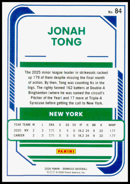 2026 Donruss Jonah Tong Card Optic RC New York Mets