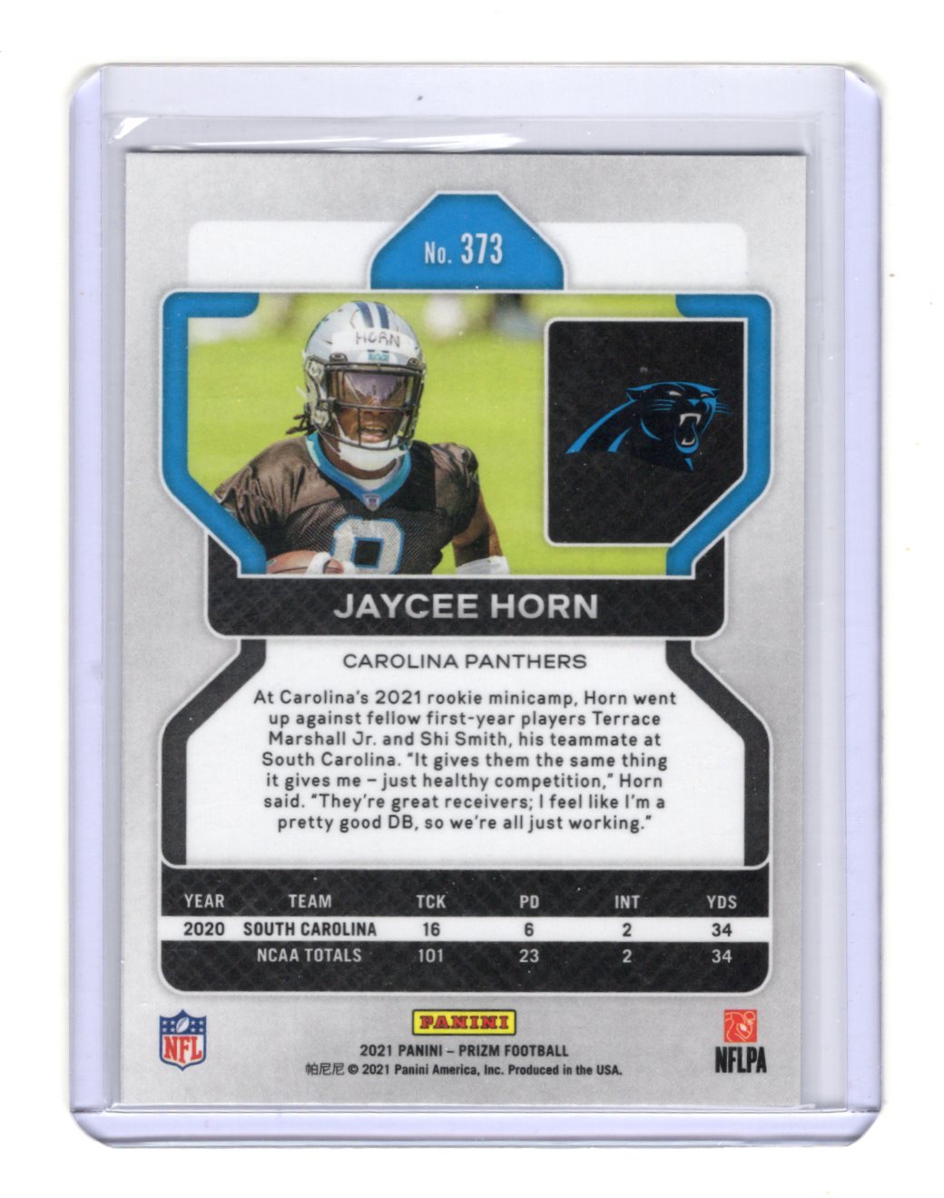 2021 Panini Prizm Jaycee Horn Card Silver RC Carolina Panthers