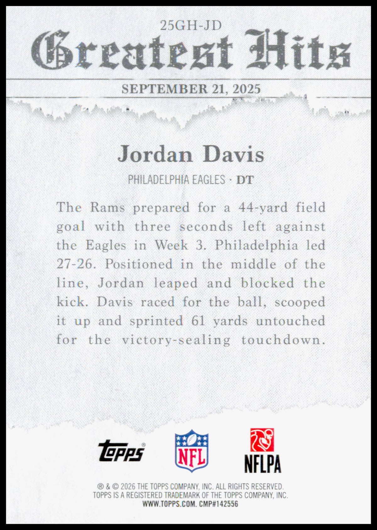 2026 Topps Flagship Jordan Davis Card 2025 Greatest Hits Philadelphia Eagles