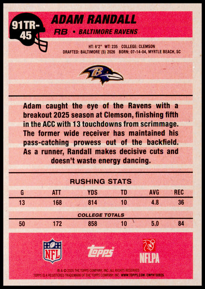 2026 Topps Flagship Adam Randall 1991 Topps Flagship Football Rookies  Ravens