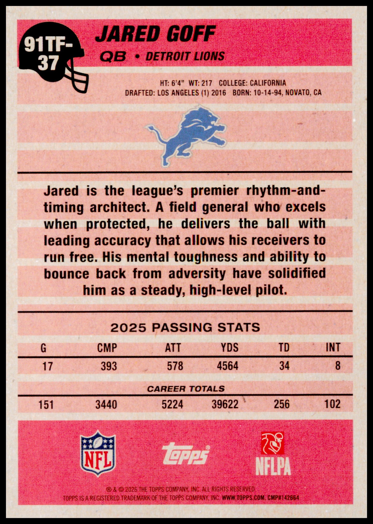 2026 Topps Flagship Jared Goff  1991 Topps Flagship Football Detroit Lions