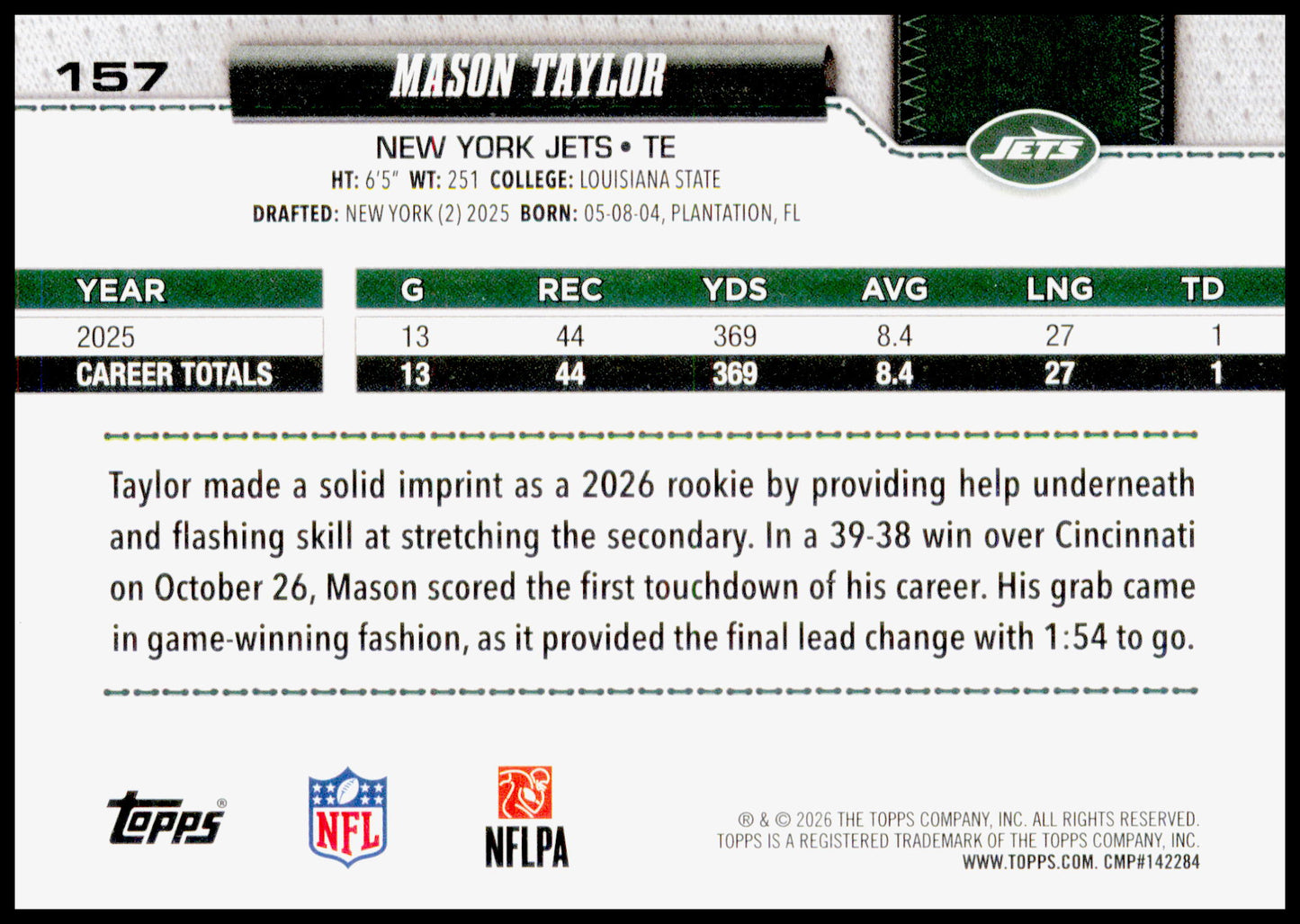 2026 Topps Flagship Football Mason Taylor #157  Jets