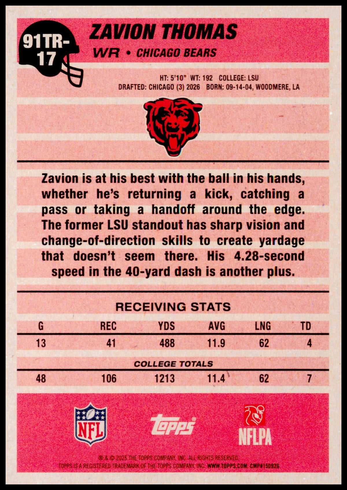 2026 Topps Flagship Zavion Thomas 1991 Topps Flagship Football Rookies Bears