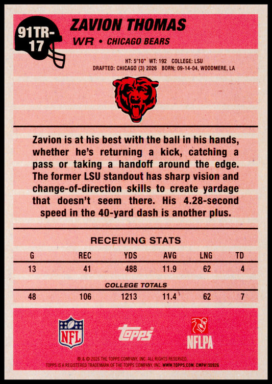 2026 Topps Flagship Zavion Thomas 1991 Topps Flagship Football Rookies Bears