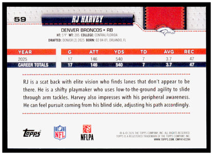 2026 Topps Flagship Football RJ Harvey #59 Football Leather Parallel Broncos